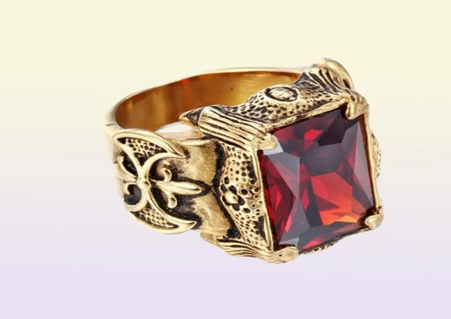 Vintage Gold Color Dragon Claw Rings Hiphop Men roestvrij staal Big Red Green Purple White CZ Zirkoon Crystal Stone Cross Ring Men 5181791