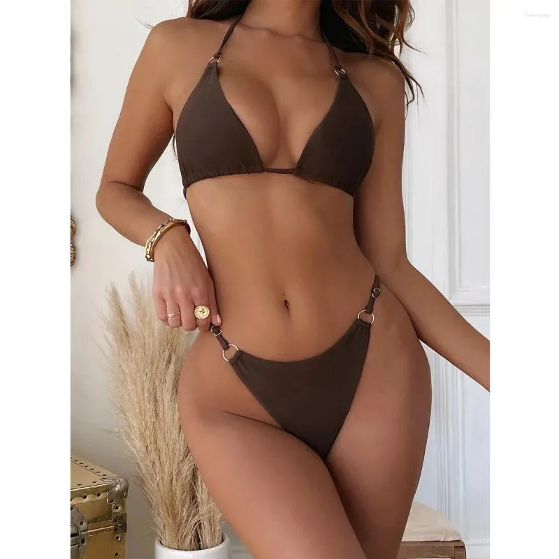 Kvinnors badkläder 2024 Solid Color Swimsuit Women 2 Piece Bikini Triangle Cup Halter Lace-Up Backless Bathing Suit Low Midje Summer Beachwear