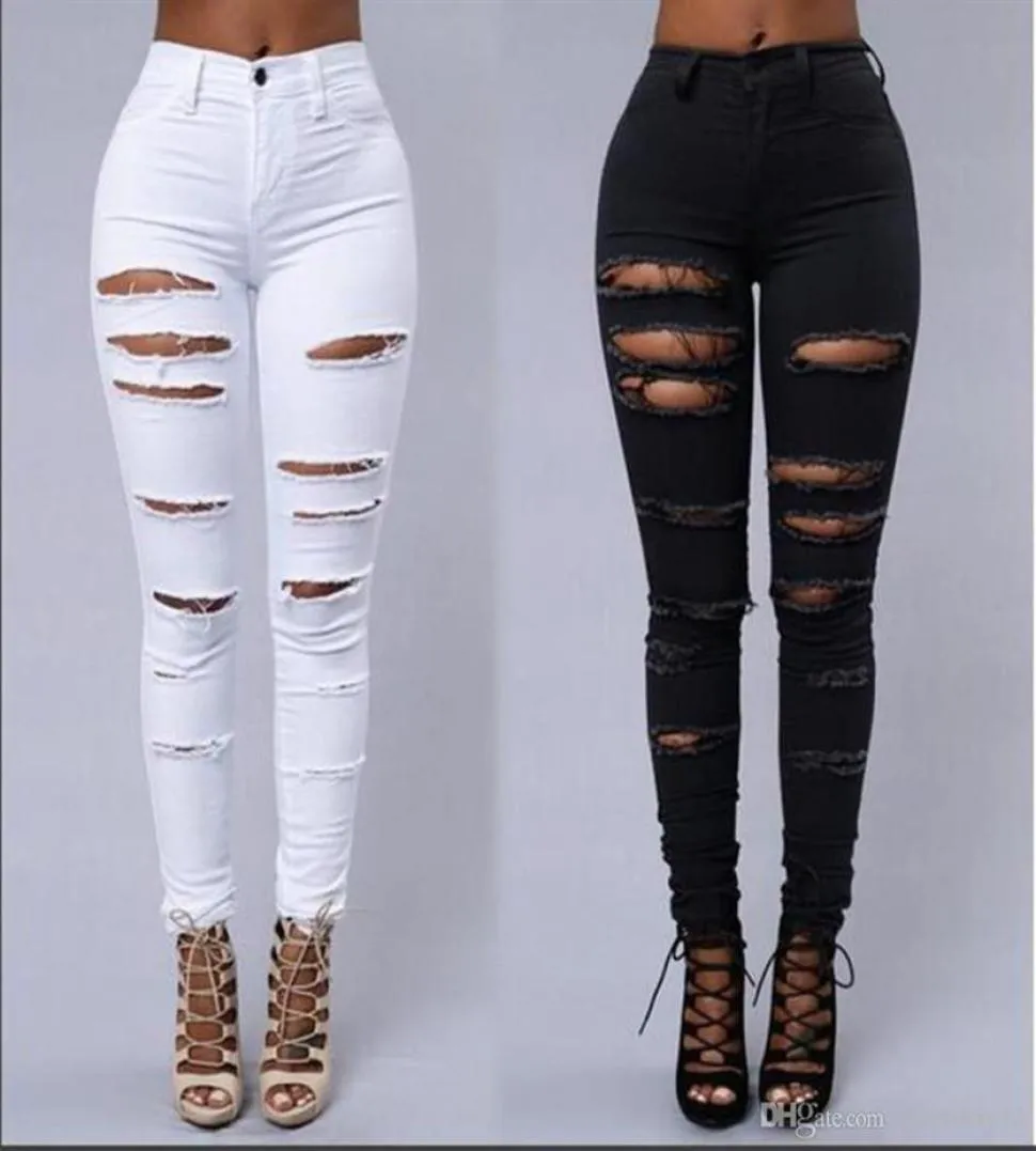 Jeans magros de rua de rua skinny Sexy Skin Ripped Jeans Fashion Fashion Black and White Lápis Pants275C6335327