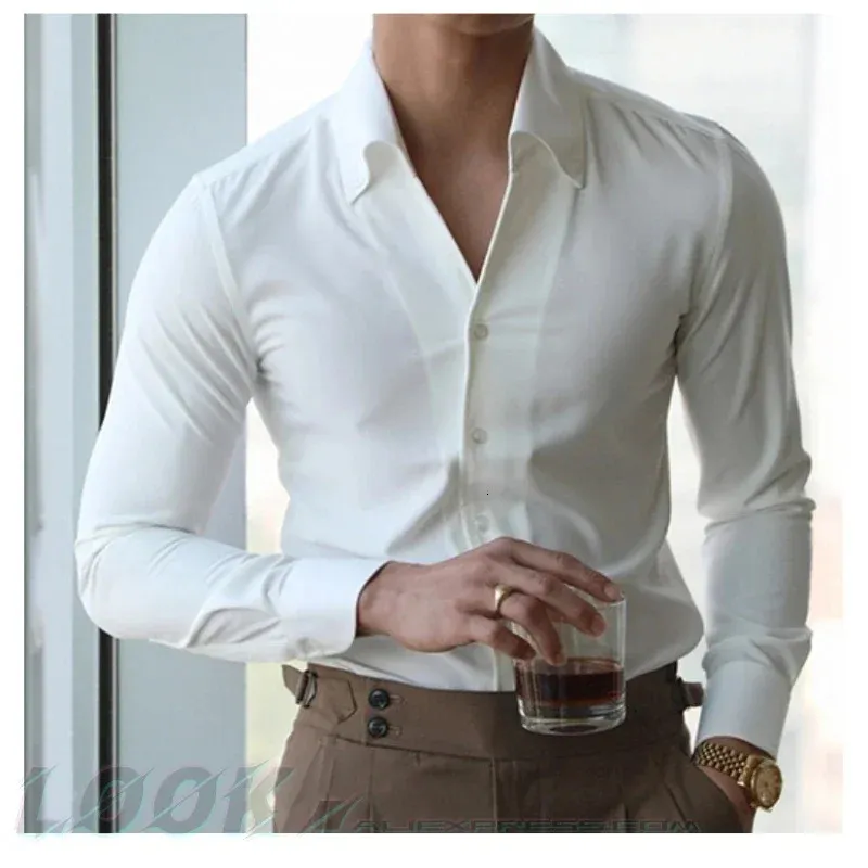 Mens Italian Collar Shirt Wrinkle Free Casual Fashionable Slim adapté à la marque de revers Clothing Youngful 240425