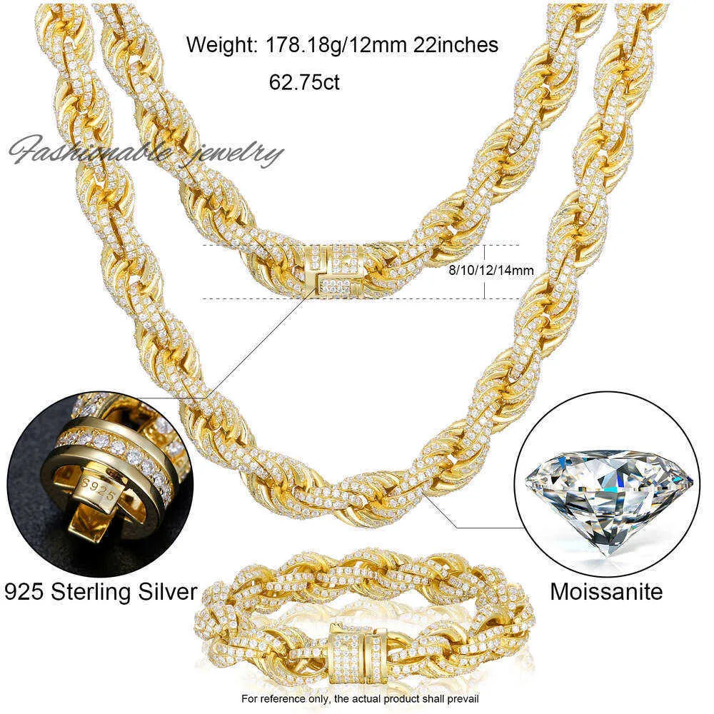 Passera diamanttestare 10mm-14mm Full VVS Moissanite Iced Out Rope Chain 925 Sterling Silver Men Hip Hop Jewelry Twisted Necklace