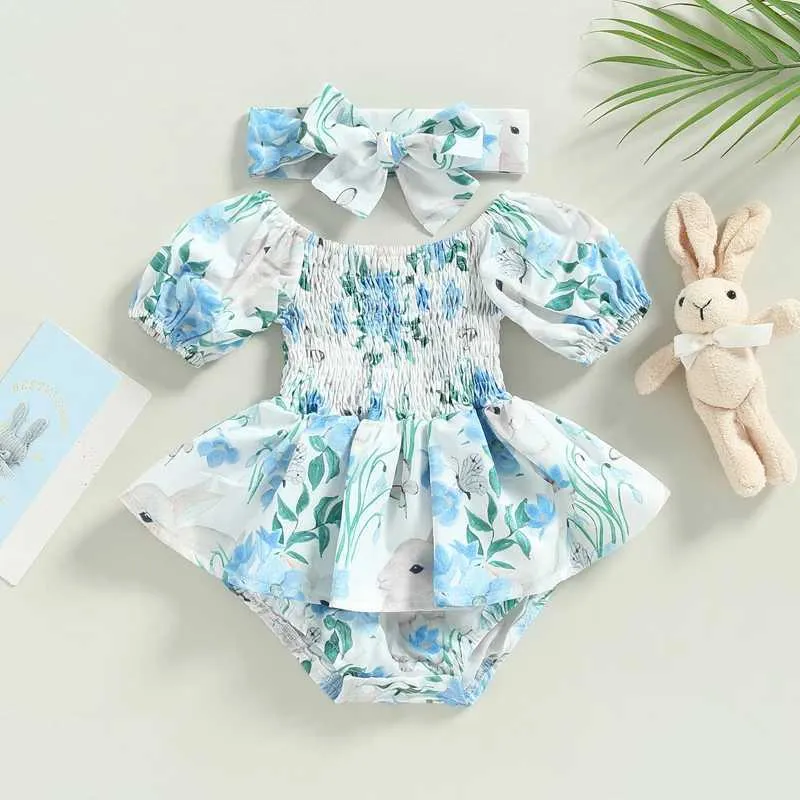 Rompers bambini di pasquale neonate neonate estate a maniche corte con il coniglio con arricciatura giunci di tute+ abbigliamento a fascia vestiti H240507