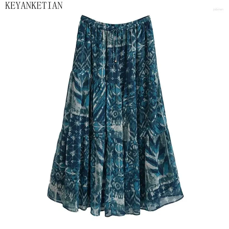 Jupes Keyanket 2024 lancez des femmes orage embellissement en mousseline imprimée jupe ethnique de style ethnique