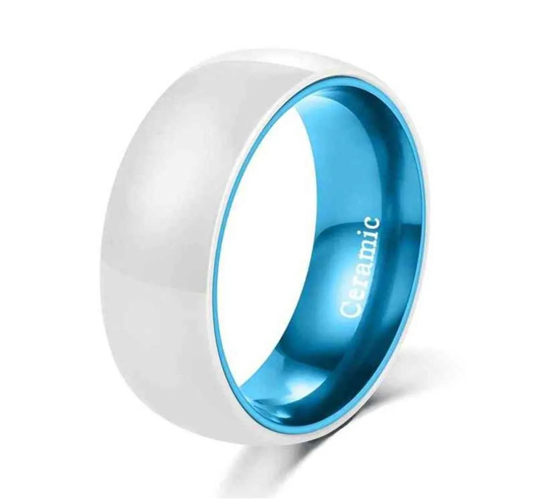 Poya White Ceramic Ring Mens Womens Wedding Band med Blue Aluminium Liner Comfort Fit H22041423633456290