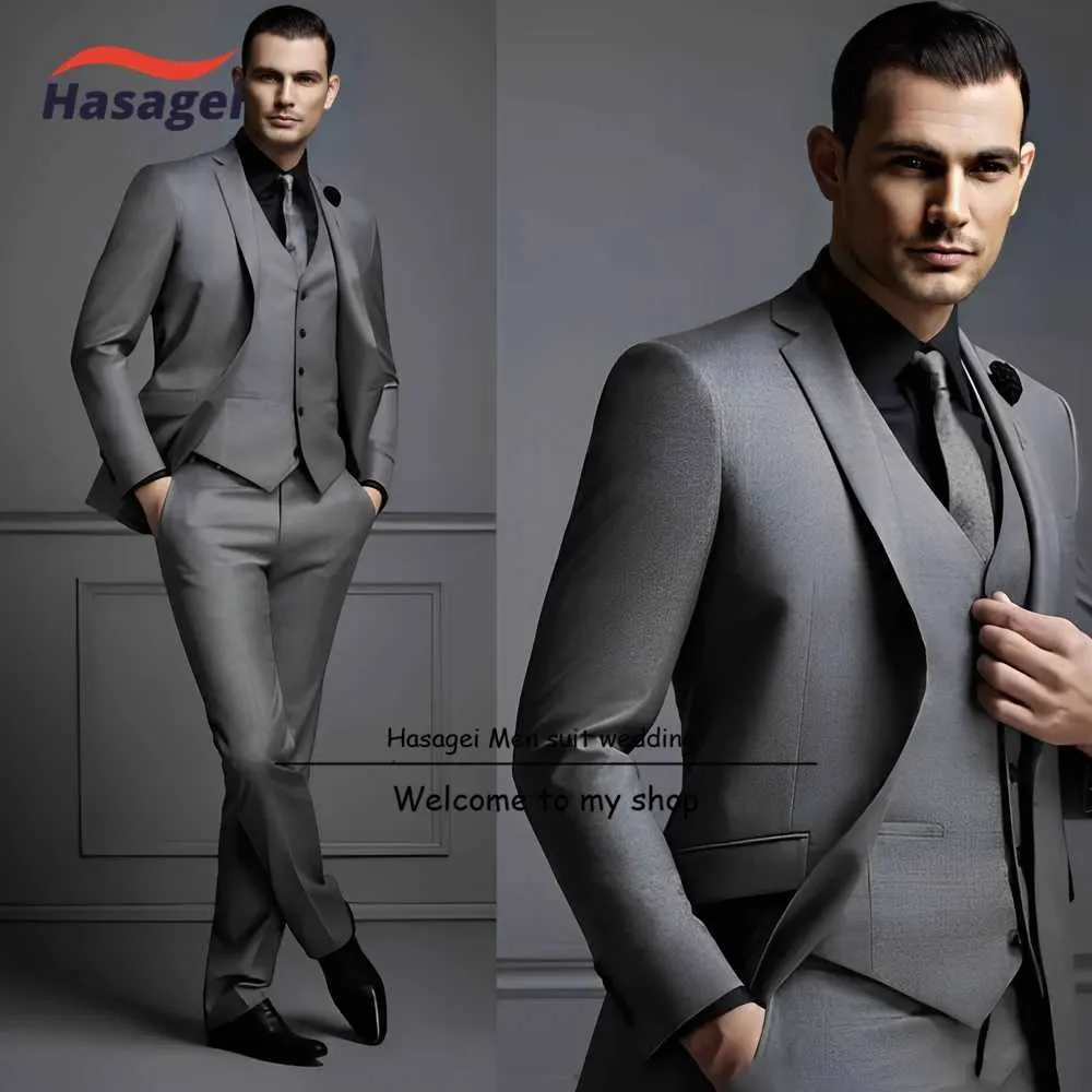 Mäns kostymer Blazers Dark Grey Elegant Mens Three Piece Wedding Groom Evening Dress Ultra-T-tunn dräkt Jacka Byxor Formella festkläder Q240507