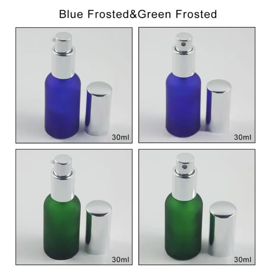 Butelki do przechowywania słoiki 30 ml Zielona FrosteBlue Frosted Perfume Glass Butelka do napełniania 1 uncji srebrna pompa sprayu i balsam7126842