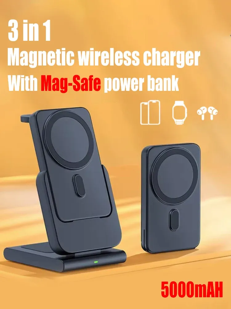 Cases MacSafe 3in1 Magnetic Wireless Power Bank Charger Station 5000mAh Externe hulpbatterij voor iPhone 15 14 13 12 Apple Watch