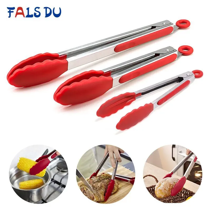Accessories FAIS DUSilicone Food Tong Stainless Steel Kitchen Tongs Silicone Nonslip Cooking Clip Clamp BBQ Salad Tools Kitchen Accessories