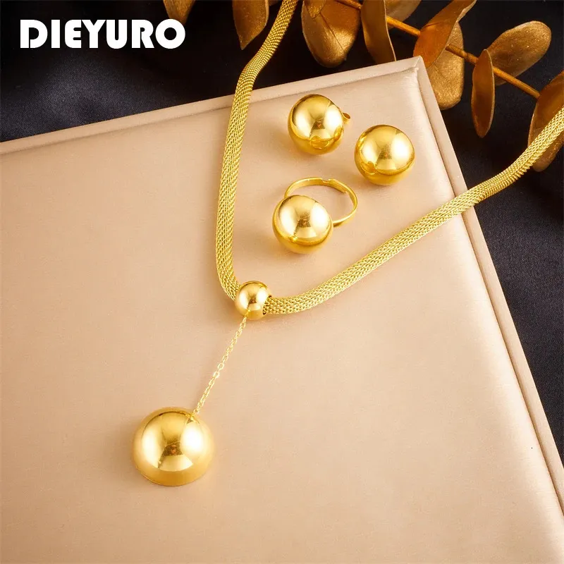 Dieyuro 316l en acier inoxydable or couleur rond collier collier de boucles d'oreilles pour femmes girl girl cadeau de mode bijoux set 240425