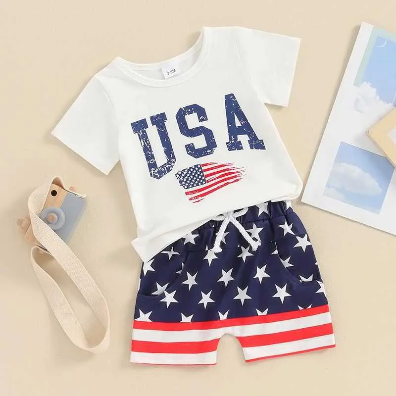 Clothing Sets Summer Baby Boys 4th of July Clothes Flag Letter Print T-Shirts Tops Shorts Independence Day Outfits Newborn Set H240507