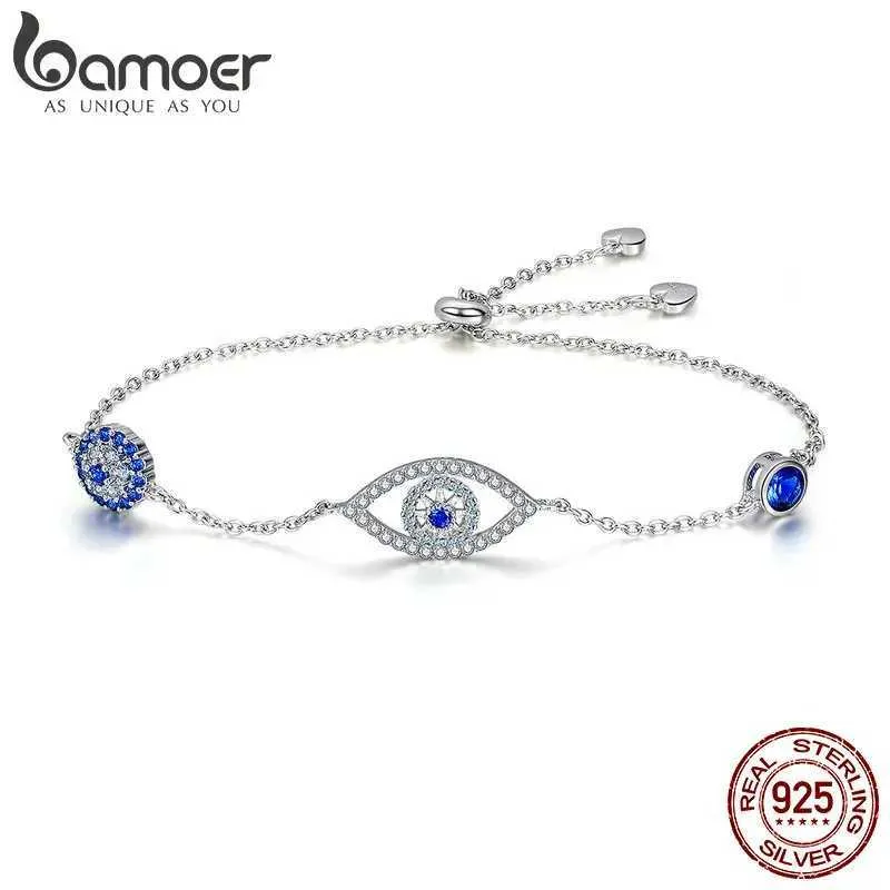 Bangle Bamoer% 925 Sterling Silver Blue Zircon Evil Eye Guardian Chain Womens Gift Utsökta smycken SCB089 Q240506