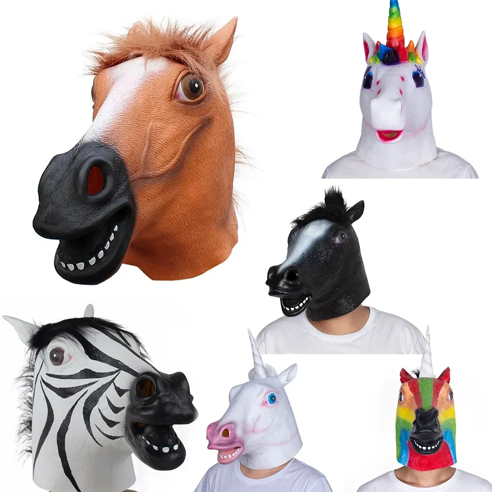 Masks Halloween Masks Latex Horse Head zebra Cosplay Animal Costume Theater Prank Crazy Party Props White Unicorn Full Face Mask