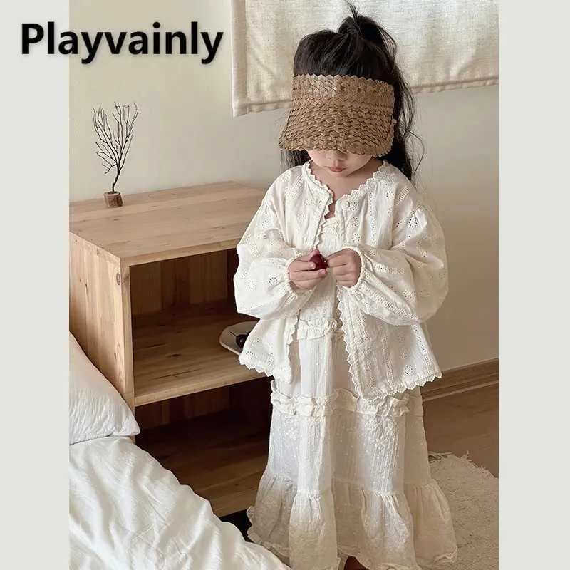 Jackets Korean Style New Spring Baby Girl Thin Coat Solid Lace Hollow Out Round Collar Long Sleeve Shirt Kids Versatile Outwear H240507