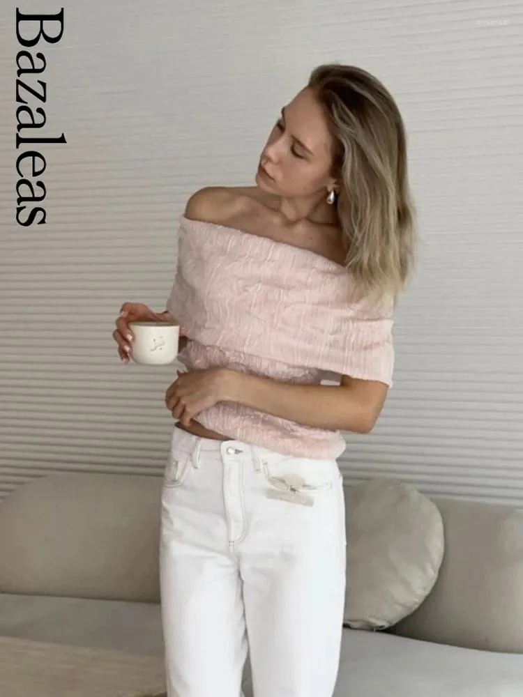 Women's Sweaters 2024 Bazaleas Off Shoulder Ruched Elegant Pink Knitted Pullover Tops Official Store Causal Strapless