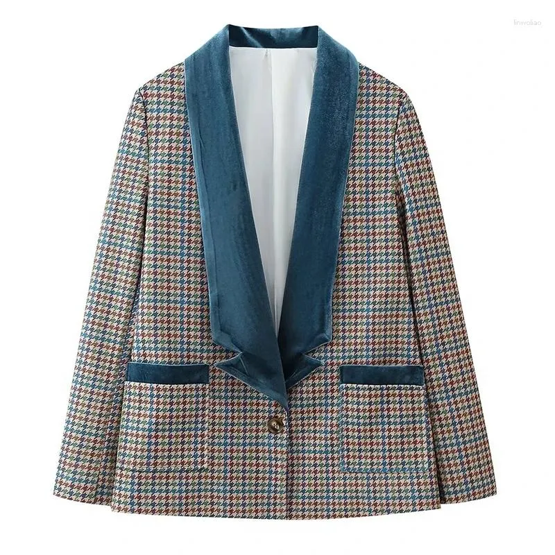 Kvinnorjackor Coat Spring 2024 Fashion Long Sleeve Velvet Paneled Tweed Blazer For Women Casual Chic Ladies Suit