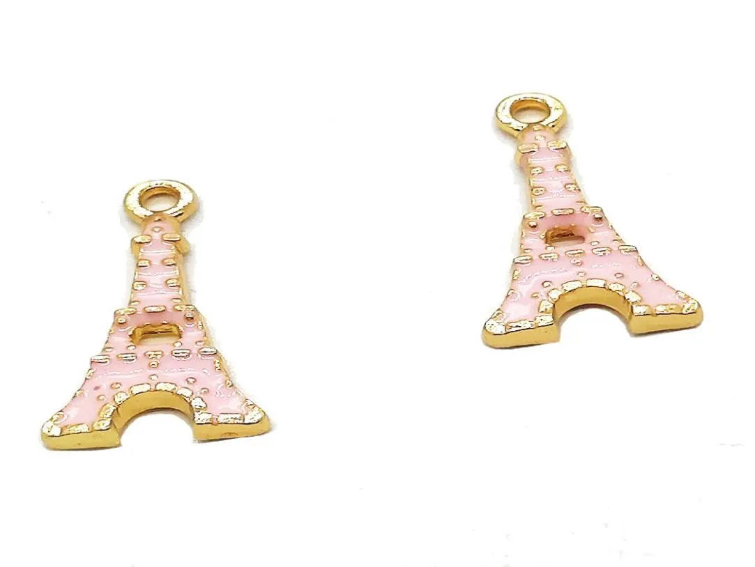 200pcslot Candy Pink esmalte rosa Eiffel Tower Charms Pingnder Gold Bathed 1121mm para jóias fabricando DIY Craft6073170