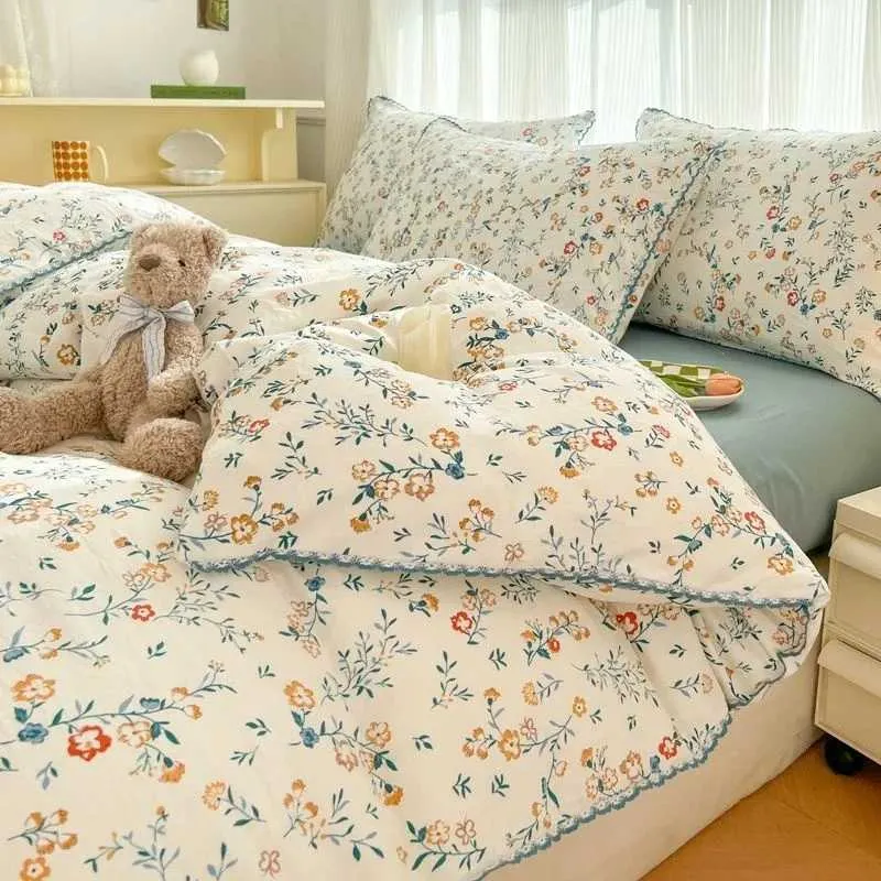 Conjunto de roupas de cama planta fresca e cama de flores Conjunto adequado para crianças e adultos folhas de flor de edredom covers de brophases de algodão lavado macio e têxteis domésticos j24