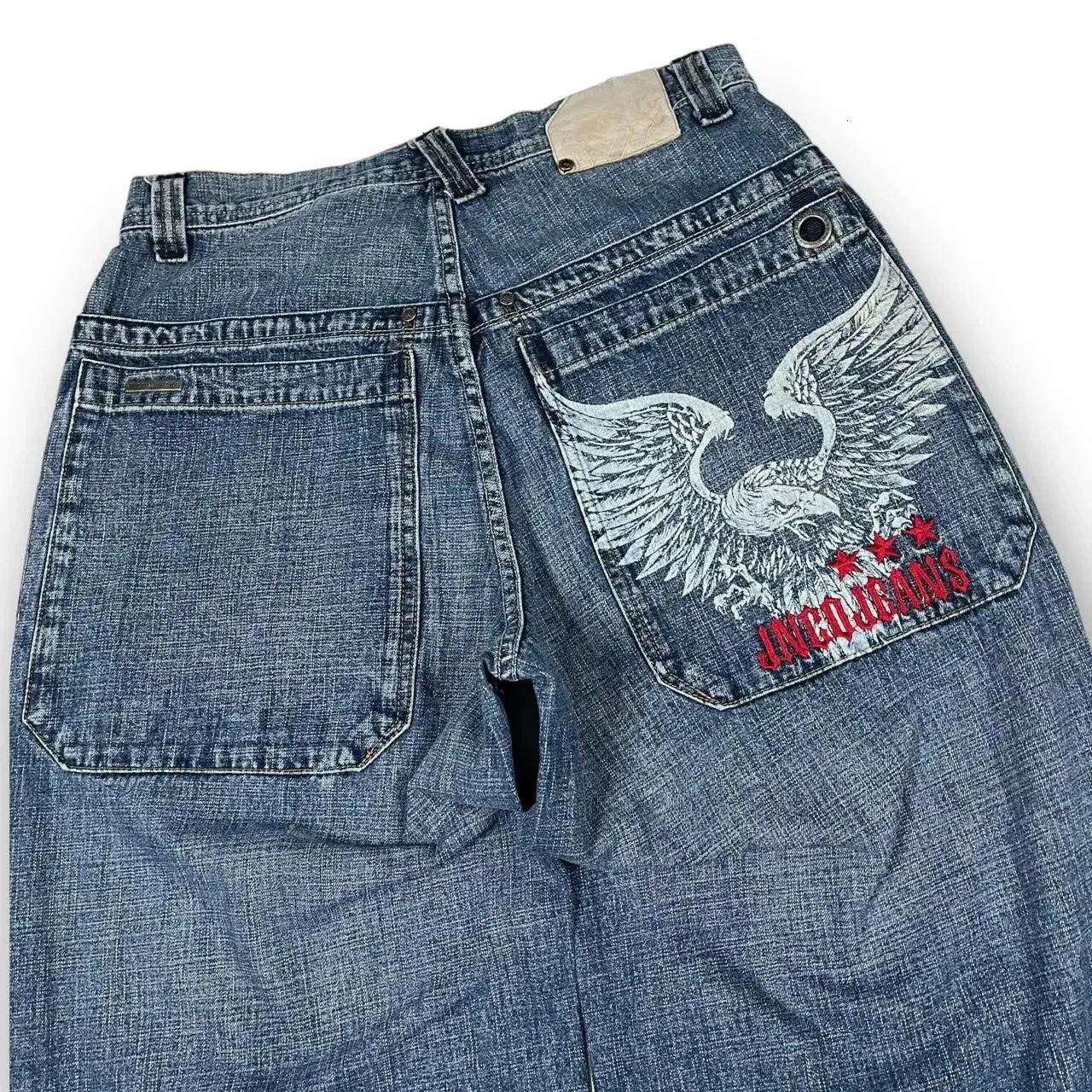 JNCO メンズ ワイドレッグ ジーンズ イーグル刺繍付きハイウエスト 