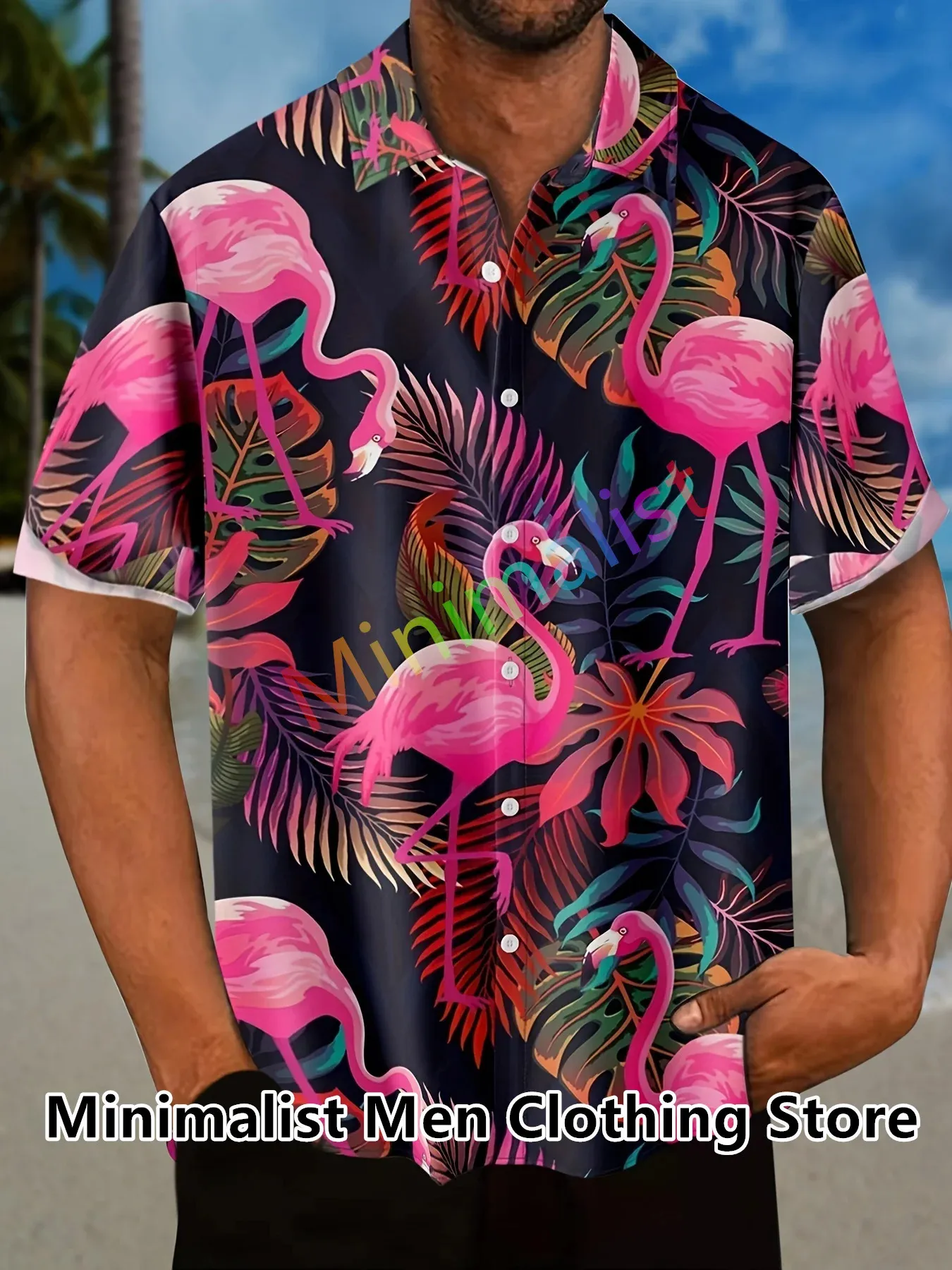 2023男性用のリーフとフラミンゴプリントシャツハワイアンカジュアルビーチ半袖ファッション