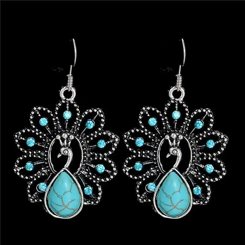 Vintage 100% 925 boucles d'oreilles de forme de paon argent pour femmes bijoux bohème bijoux tibétains turquoises enrôlent des boucles d'oreilles pour fille 240507