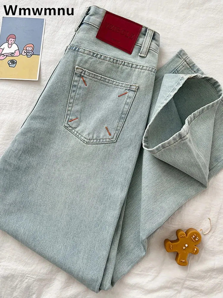 Pantalones de mezclilla holgados rectos bordados Mujeres casuales jeans vintage jeans streetwear kot pantolones 240423