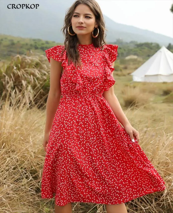 Chiffonklänning Kvinnor Elegant Summer Floral Print Ruffle Aline Sundress Casual Fitted Clothes to Knees Red Dresses For4197922