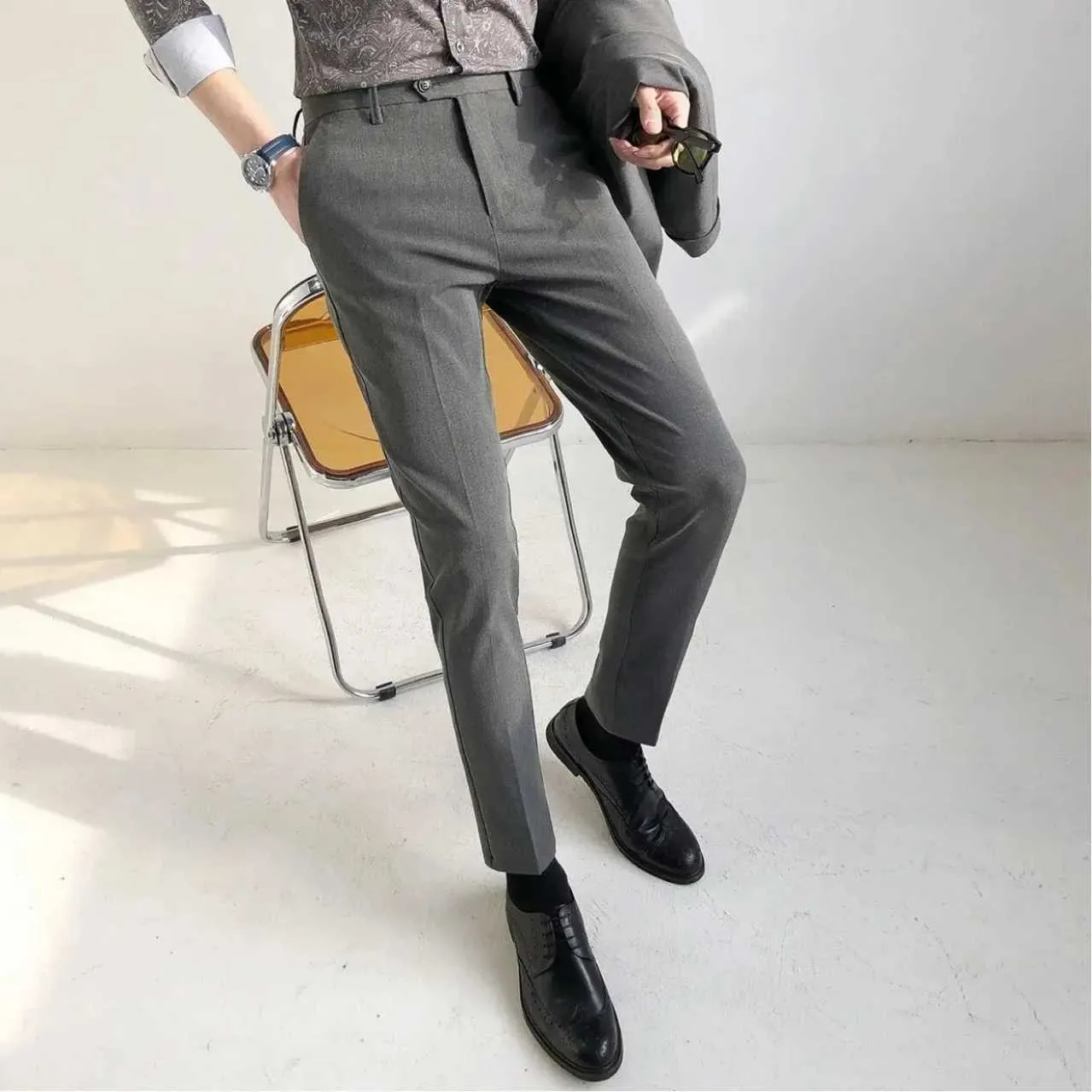 Erkek pantolon yüksek uç set erkek bahar/yaz yeni lüks Kore ince fit pantolon moda gündelik pantolon j240507