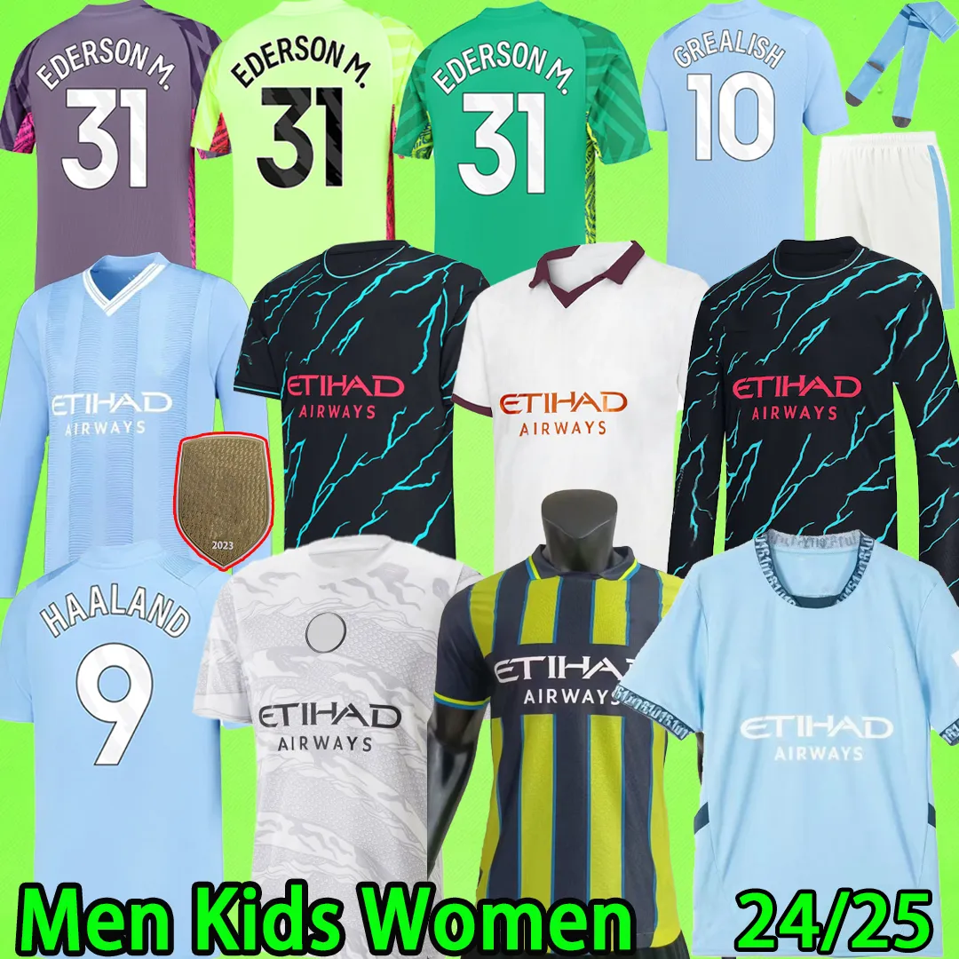 24/25 Haaland Man Citys Soccer Jerseys Goldes Men Set Kit Kit Kit 2024 2025 Foden Football Shirt T Women De Bruyne Uniforme Meninos Versão