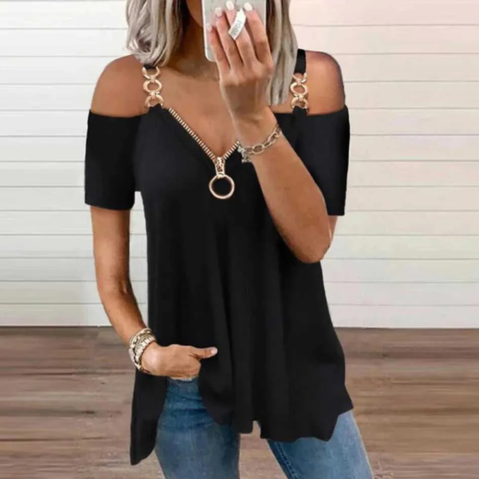 Sangle de chaîne de t-shirt pour femmes sur le design épaule Haut de la ligne Femme Zipper solide V-Neck Sexy Sexe à manches courtes Femmes décontractées Zipper Dressl2405