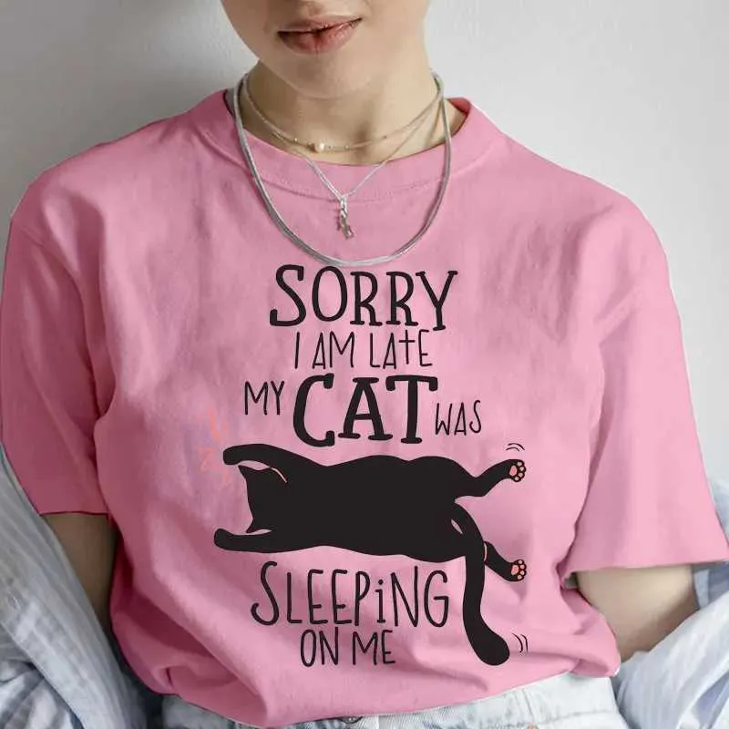 T-shirts masculins 2024 T-shirt pour femmes de nouveau été désolé je suis en retard mon chat était slping sur moi vêtements de femmes imprimées courts top vêtements t240506