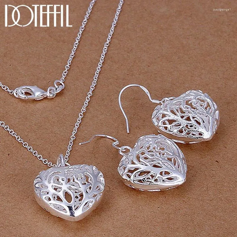 Orecchini di collana set Hollow Love Heart Ball da 18 pollici Orecchino a sospensione in argento Colore per il fidanzamento del matrimonio Donne gioielli