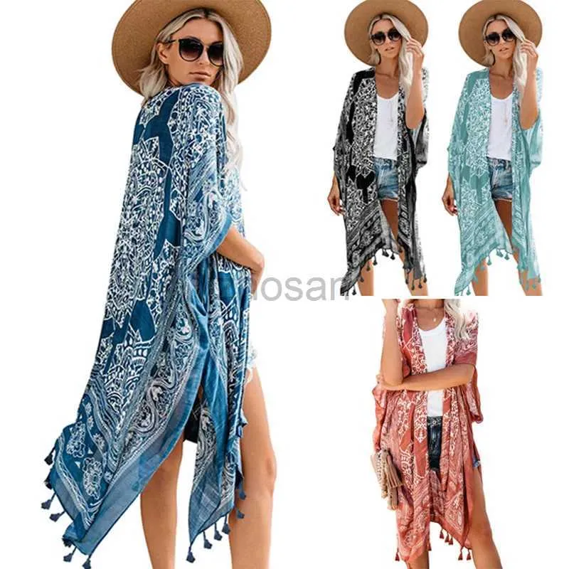 HNPX Women Beach Wear Wear Women Beach Wear 2024 European and American Seaside Vacation Print Cabit Up Up Loose Beach Veste For Women D240507
