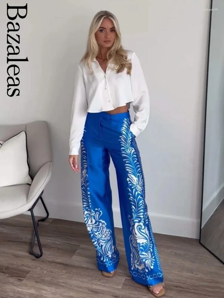 Pantalon féminin été 2024 Bohimian Lady pantalon décontracté Blue Floral Pant Store High Waist Satin Officiel