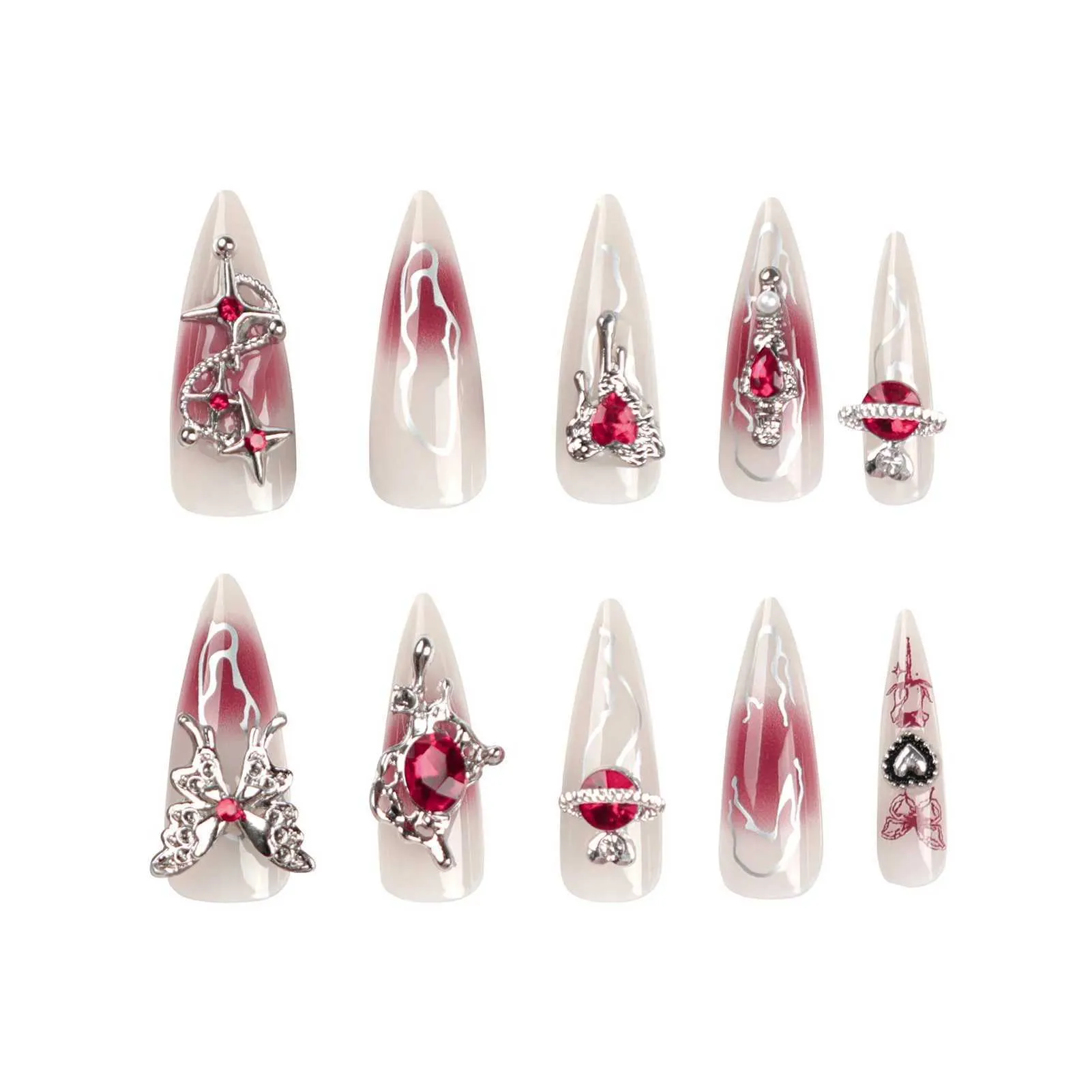 False Nails Style Goth a punta lunga Pressa su punte unghie con design rosso design a rotazione completa Coppa unghie artificiale indossabile ragazze T240507