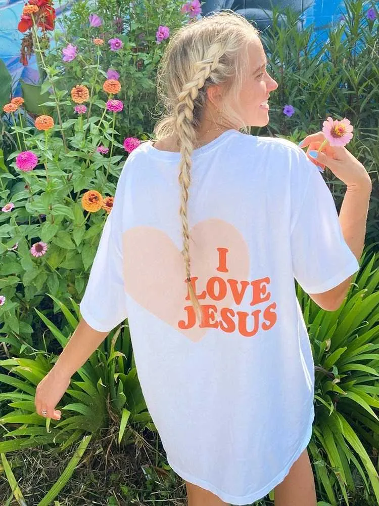 T-shirt femminile I Love Jesus Creativity Print Womens Cotone Cash Personality Streetwear Streetwear All-Math Oversize Short Sle Fe T-shirts D240507