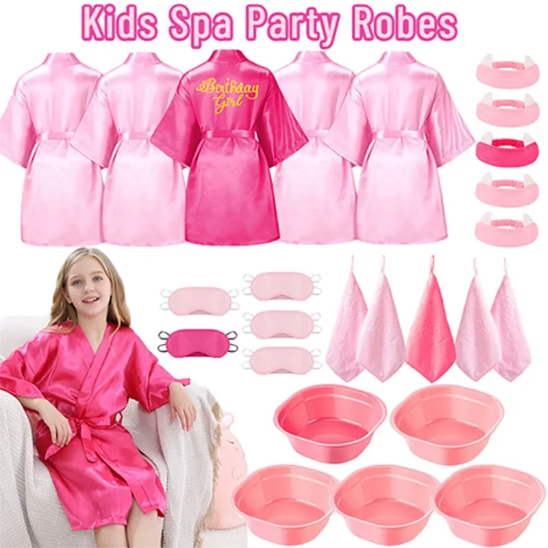 Masks 1/5 Sets Birthday Girl Spa Robes Soft Silk Kimino Robe Girls Sleepover Party Favors with Eye Mask Basin Hairband Towel Slumber