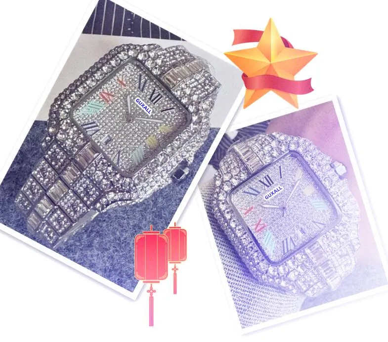 Beliebte zwei Arten mit Logo glänzender Sternen Diamanten Ringliebhaber Uhren für Männer Square Römische Panzeruhr Voll funktionale Edelstahlband Quarz Uhrengeschenke