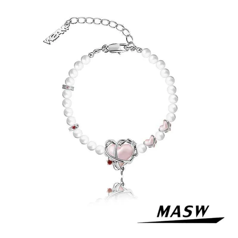 Bangle Masw Original Design Pink Heart Advanced Valentines Day Gift Högkvalitativ kopparpärl Kvinnesmycken Q240506