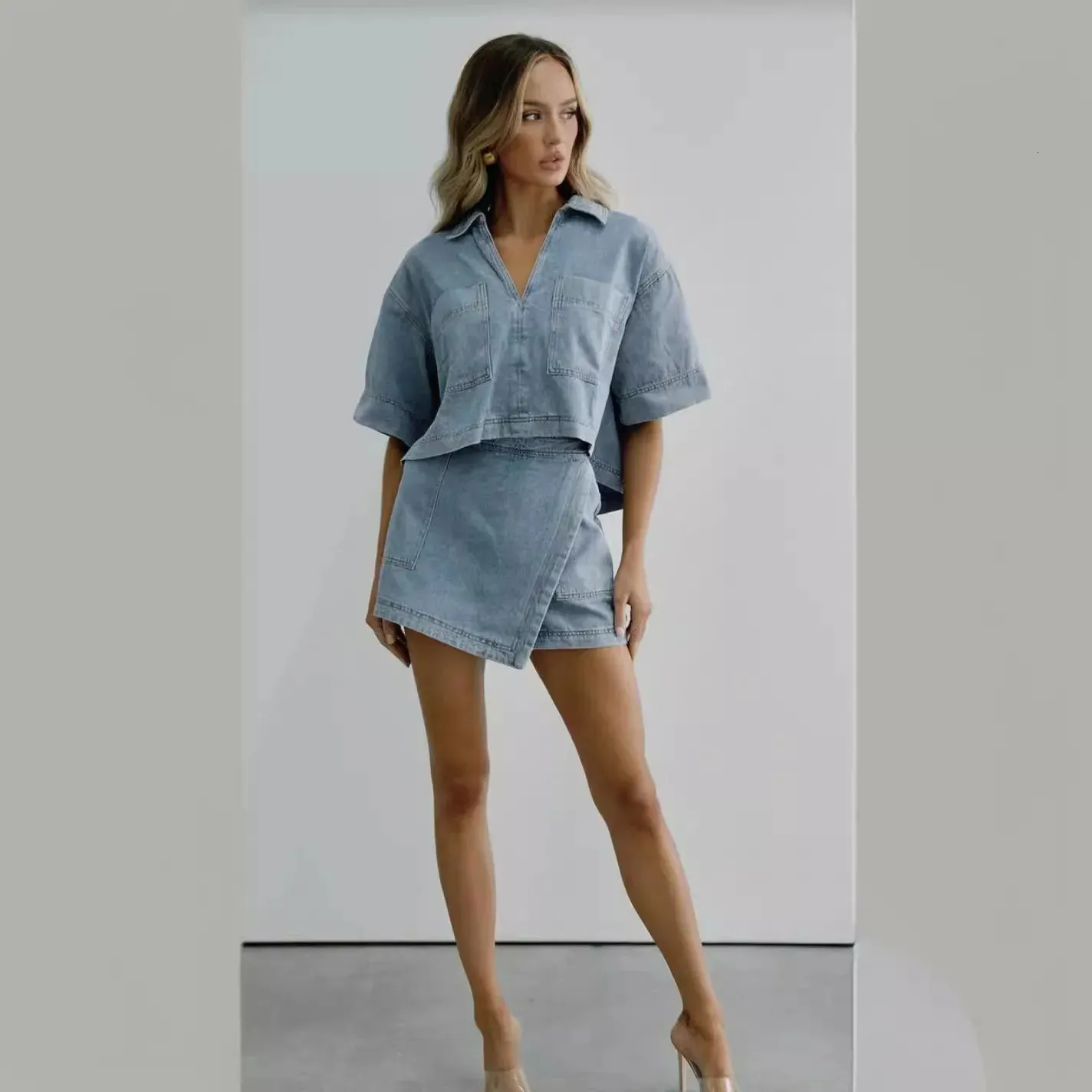 Women Denim Suits: Two Piece Skirt Set Summer, Blue Denim Skirt with Pockets, Short Sleeve Shirt Irregular Hem Outfit