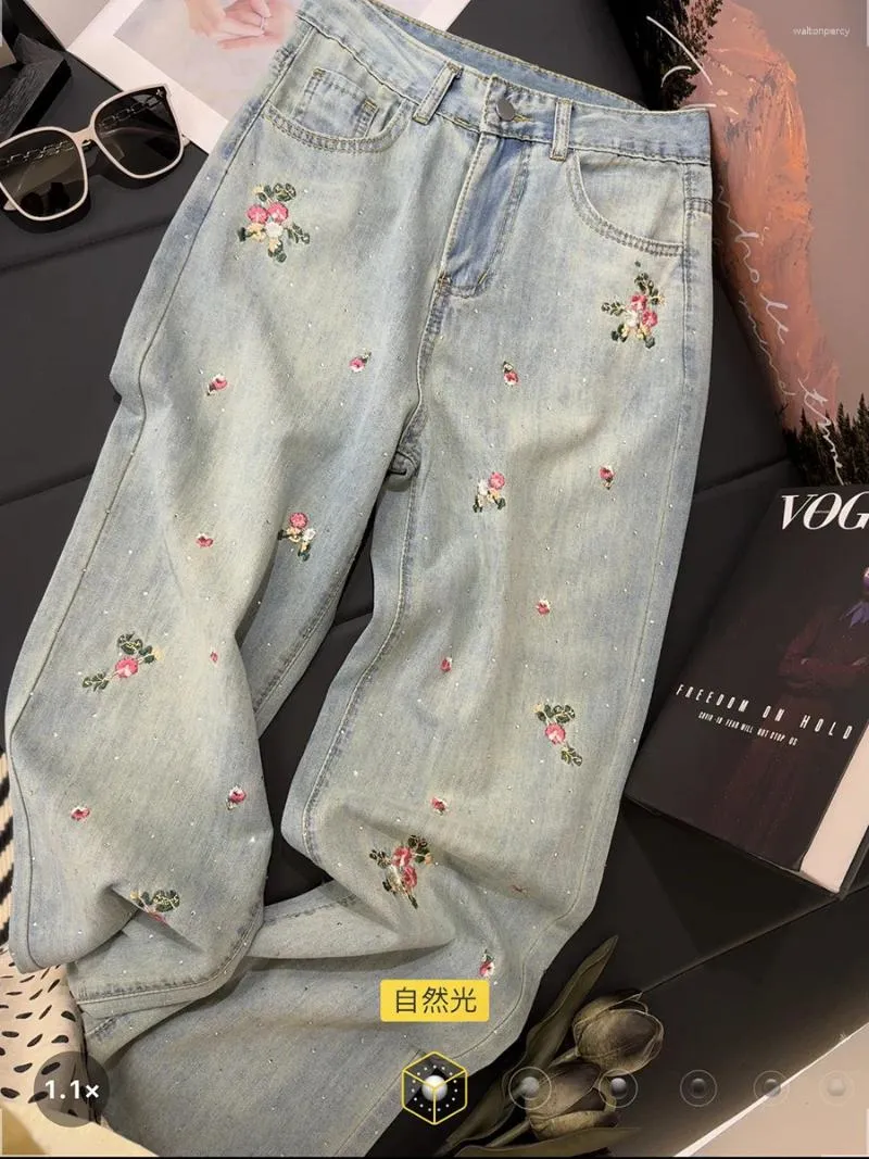 Женские джинсы весна лето Женщины цветочные вышитые бисера винтаж высокий талию сладкие джинсовые штаны.