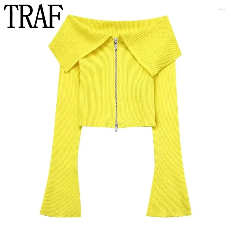 Maglietta da donna con colletto giallo cardigan giallo donna y2k top vintage top estate in maglia a maglia a maniche lunghe con cerniera a maniche lunghe