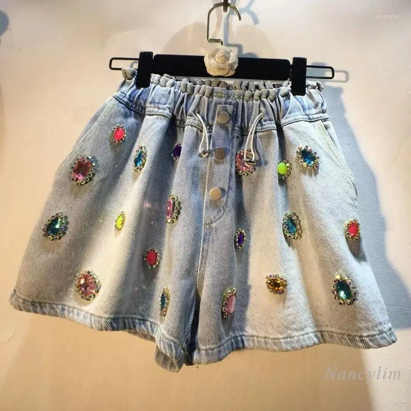 Jeans femminile europeo shorts jeans womans 2024 estate pesanti fatte a mano colorate diamante in perline in alto in vita larghe pantaloni gambe mujer