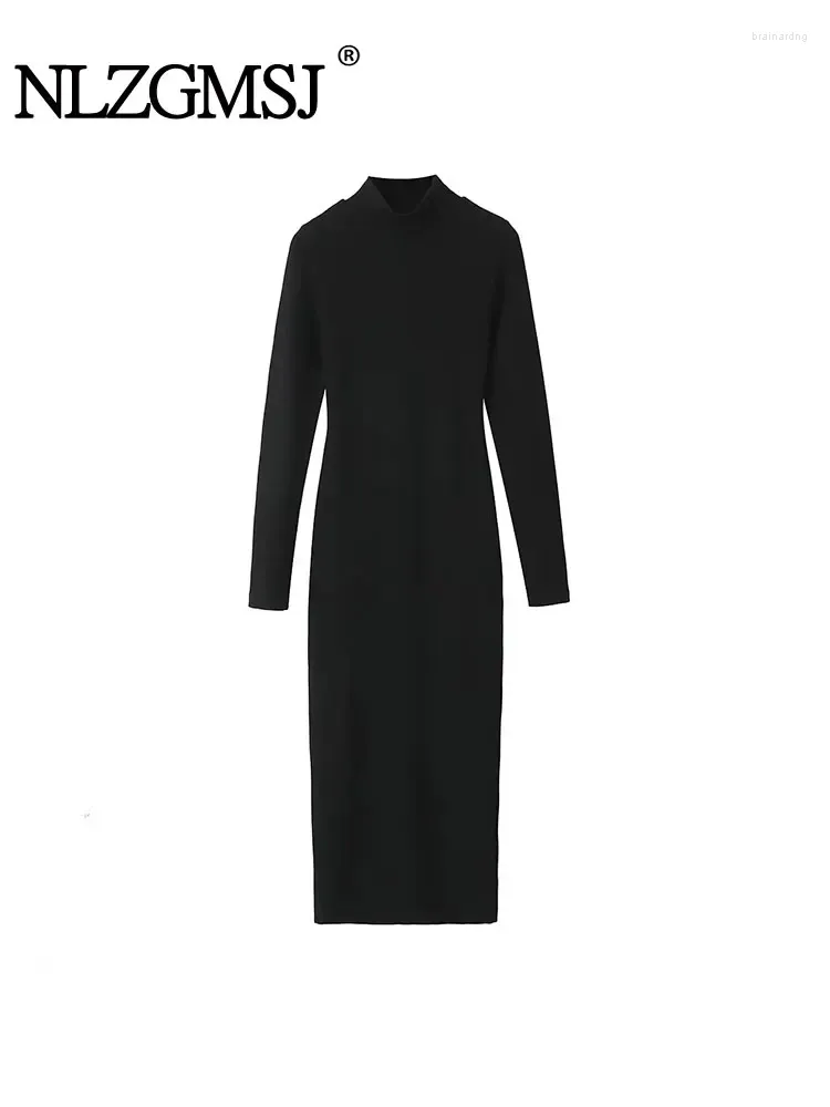 Robes décontractées nlzgmsj Robe midi ajustée sans dos pour femmes élégant collier haut à manches longues mince 2024 femme noire fête
