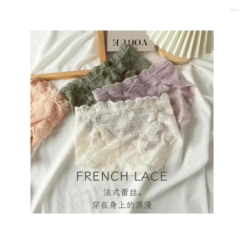 Women's Panties French Lace Thin Women Feel Semi-transparent Mid-waist Pure Cotton Crotch Comfortable Breathable Girly Jacquard