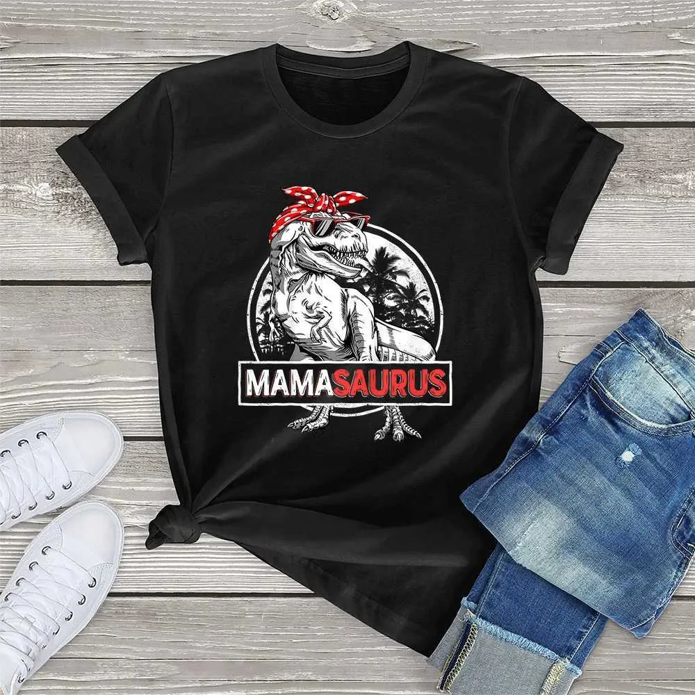 T-shirt féminin flc 100% coton mamasaurus t rex dinosaur maman fun saurus mère famille cadeau t-shirt imprimé haut unisexe mignon t-shirtl2405