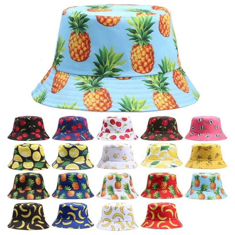 Brede rand hoeden emmer hoeden mannen vrouwen vers fruit visser hoed kersen lemon pineple banaan tropisch fruit katoen emmer hoed bob gorros strand reizen cs j240425