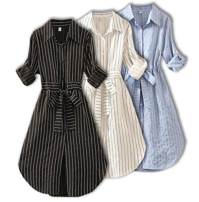 Mulheres listradas vestem túnica de manga comprida elegante vestido azul branco preto primavera verão senhoras listras casuais mini vestidos 2012041842698