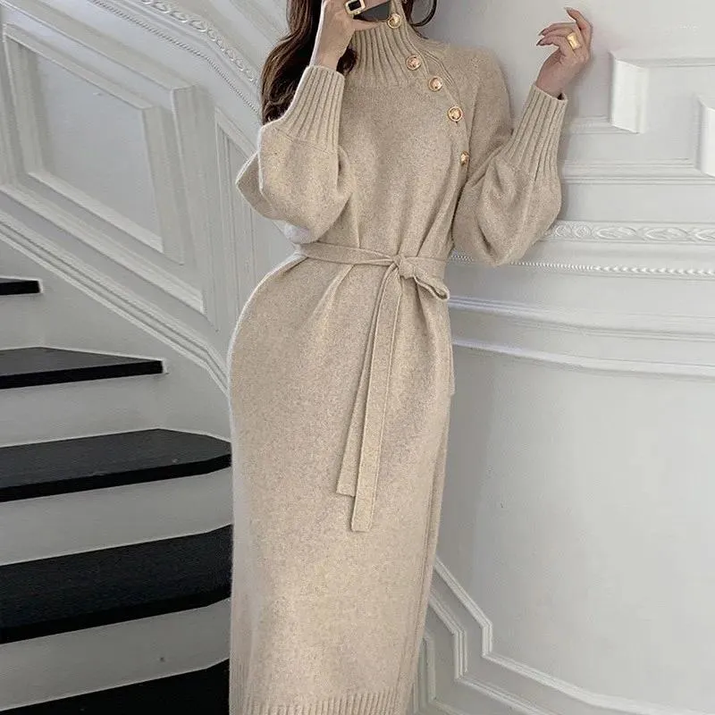 women's belted mockneck long-sleeve stretch jersey dress EILEEN FISHER Organic-Cotton Jersey Mock-Neck Dress