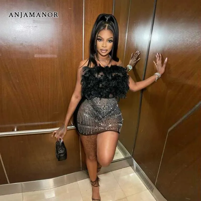 ANJAMANOR S Mesh Rhinestone Feather Tube Top Mini Dress for Women Birthday  Party Clubwear 2024 D35-23 T240507 from Dhgate Basic & Casual Dresses -  price 13.99
