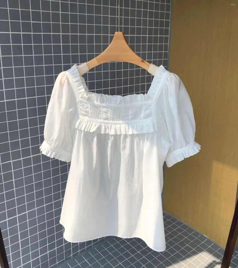 Женские блузки 2024 летний конец женщины сладкая хлопковая квадратная шея свободная блузя элегантная леди белая коротка с короткими пузырьками рубашка рубашка